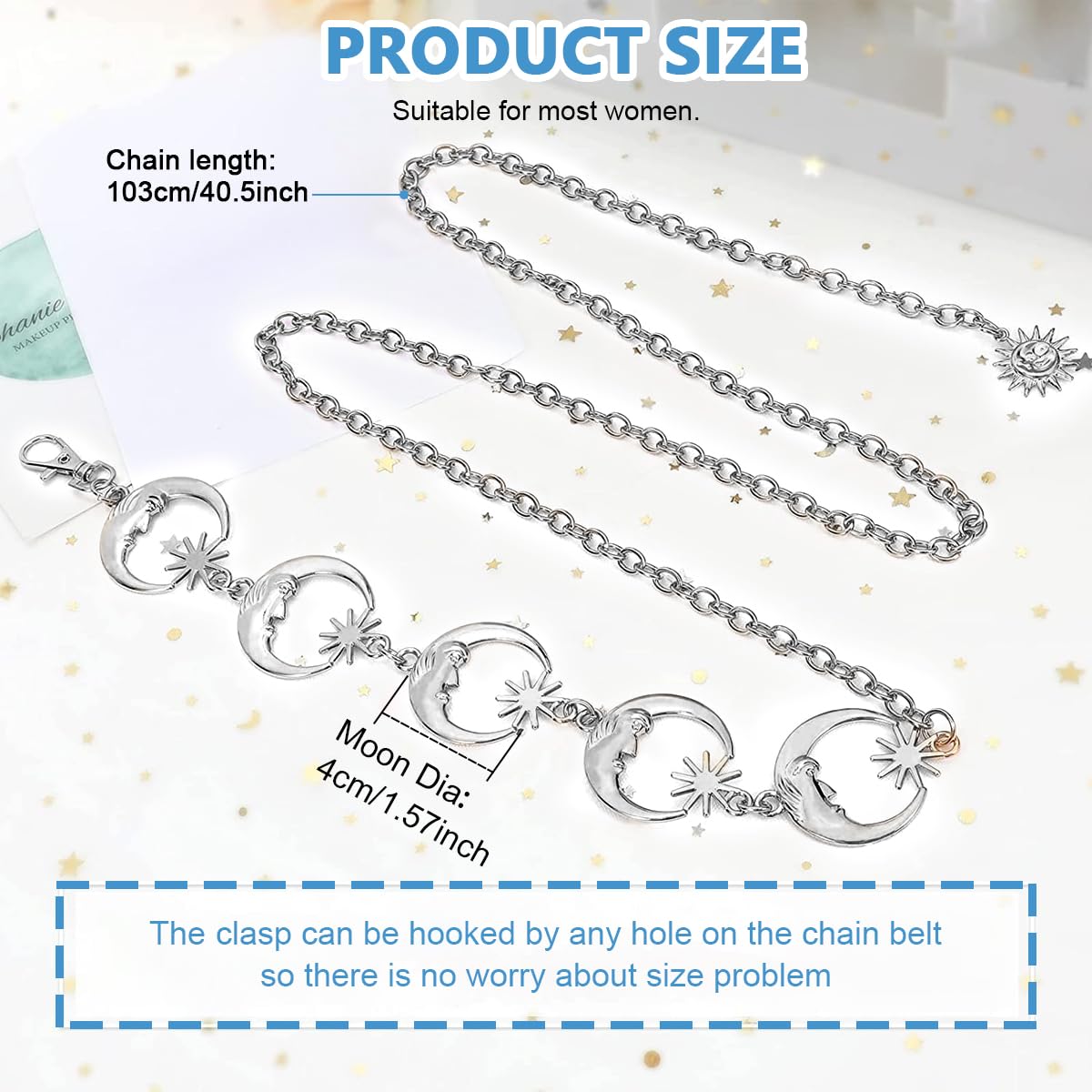 PALAY Woman Waist Belt Moon Star Metal Chain Belt for Women Stylish Ladies Belly Belt Accessories for Blazer, Suit, Dress, Jeans, Gown (Silver) PALAY Woman Waist Belt Moon Star Metal Chain Belt for Women Stylish Ladies Belly Belt Accessories for Blazer, Suit, Dress, Jeans, Gown (Silver)